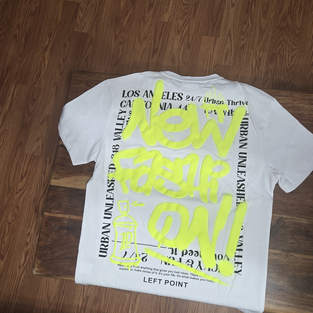 Left Point White T-Shirt with Neon Yellow Grafitti Art Graphic